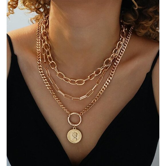 Vintage Gold Layered Necklaces for Women Trendy, Chunky Cuban Link Paperclip Cha - Picture 7 of 9